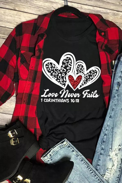 Black Love Never Fails Leopard Sequin Heart Graphic Valentines Tee